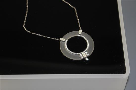 An Art Deco style paste mounted frosted glass? pendant necklace, marked 925, pendant 63mm, chain, 42cm.